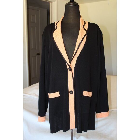 Exclusively Misook Black Cardigan Two Buttons 2X Pockets Stretch Modest Flowy - Picture 1 of 9